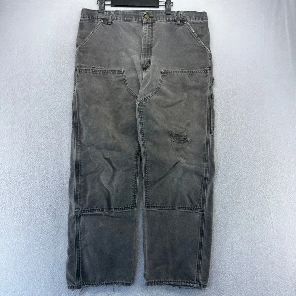 Vintage Carhartt Pants Mens 37x30 Black Faded Double Knee Carpenter Duck Canvas